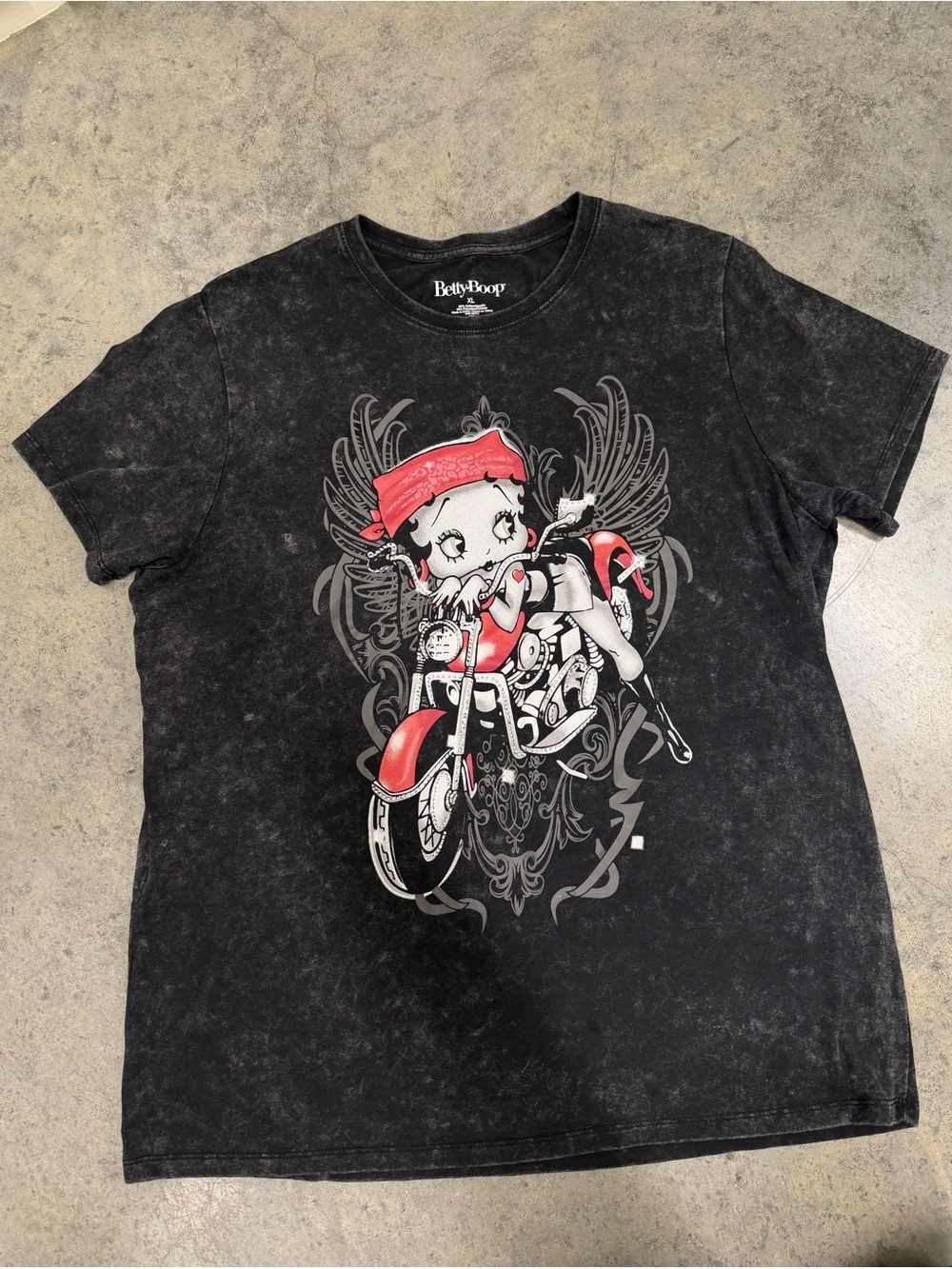 Betty Boop Motorcycle Graphic T Shirt Womens XL Black Acid Wash Rhinestone Biker